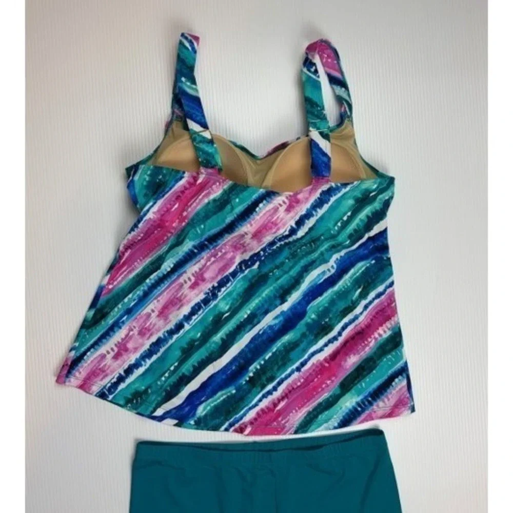 Kim Gravel x Swimsuits For All 2PC Tankini 12 Abstract Stripe‎ Swim Shorts Retro